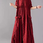 Red Big Pockets Linen Vacation Dresses Wrinkled Long Sleeve
