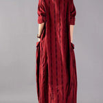 Red Big Pockets Linen Vacation Dresses Wrinkled Long Sleeve