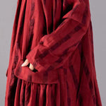 Red Big Pockets Linen Vacation Dresses Wrinkled Long Sleeve
