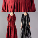 Red Big Pockets Linen Vacation Dresses Wrinkled Long Sleeve