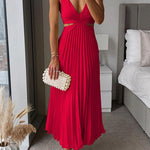 V Neck Cut Out Waist Sleeveless Pleated Maxi Dress