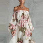 Payton | Peony Print Off-the-Shoulder Bishop-Sleeve Maxi Dress