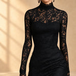 Arabella | Black lace evening dress with mock neck and long sleeves
