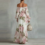 Payton | Peony Print Off-the-Shoulder Bishop-Sleeve Maxi Dress