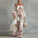 Payton | Peony Print Off-the-Shoulder Bishop-Sleeve Maxi Dress