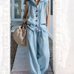 Chic Linen Blend Hooded Sleeveless Shirt Pants Set