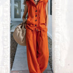 Chic Linen Blend Hooded Sleeveless Shirt Pants Set