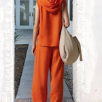Chic Linen Blend Hooded Sleeveless Shirt Pants Set