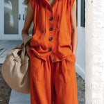 Chic Linen Blend Hooded Sleeveless Shirt Pants Set