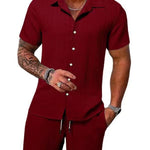 KZZ Men's Textured Crinkle Camping Shirt & Shorts Set