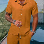 KZZ Men's Textured Crinkle Camping Shirt & Shorts Set