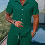 KZZ Men's Textured Crinkle Camping Shirt & Shorts Set