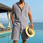 KZZ Loose-Fit, Breathable Linen Summer Set: Hooded Sleeveless Shirt & Cargo Shorts