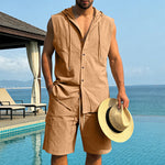 KZZ Loose-Fit, Breathable Linen Summer Set: Hooded Sleeveless Shirt & Cargo Shorts
