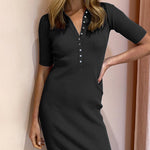 Zeagoo Women's Button Lapel Half Sleeve Fitted Ribbed Dress