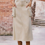 Zeagoo Women's Casual High Waist Denim Midi Skirt Drawstring Adjustable Long Jeans Skirt with Pockets