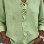 Zeagoo Elegant Casual Ruffle Trim V-Neck Long Sleeve Blouse for Women Cute Summer Casual 2026 | Under $40