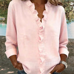Zeagoo Elegant Casual Ruffle Trim V-Neck Long Sleeve Blouse for Women Cute Summer Casual 2026 | Under $40