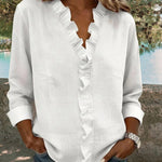 Zeagoo Elegant Casual Ruffle Trim V-Neck Long Sleeve Blouse for Women Cute Summer Casual 2026 | Under $40