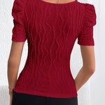 Square Neck Puff Sleeve Textured Knit Blouse