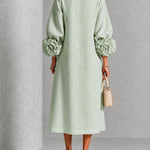 Sage Mist Floral Button-Down Midi Dress with Striking Floral Cuffs