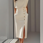 La Scintilla | Fitted Midi Dress with Gold Button Details