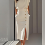 La Scintilla | Fitted Midi Dress with Gold Button Details