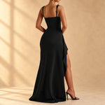 Anastasia | Black bodycon maxi dress with front slit and ruffle trim