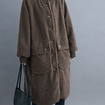 Simple Khaki hooded Pockets Button Winter Long sleeve parka