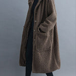 Simple Khaki hooded Pockets Button Winter Long sleeve parka