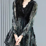 Slim Fit Black V Neck velour Patchwork layered Chiffon Tops Long Sleeve