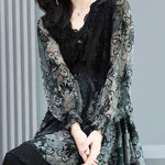 Slim Fit Black V Neck velour Patchwork layered Chiffon Tops Long Sleeve