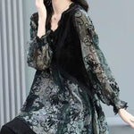 Slim Fit Black V Neck velour Patchwork layered Chiffon Tops Long Sleeve