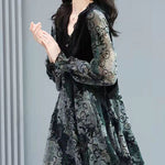 Slim Fit Black V Neck velour Patchwork layered Chiffon Tops Long Sleeve