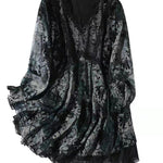 Slim Fit Black V Neck velour Patchwork layered Chiffon Tops Long Sleeve