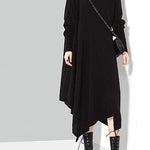 Solid Black Woman Winter Asymmetric Knitted Sweater Dress