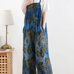 Spring original literary fashion retro ethnic style blue printed loose denim overalls