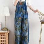 Spring original literary fashion retro ethnic style blue printed loose denim overalls