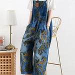 Spring original literary fashion retro ethnic style blue printed loose denim overalls
