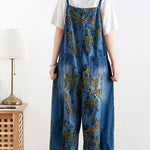 Spring original literary fashion retro ethnic style blue printed loose denim overalls