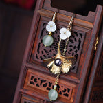 Style Asymmetrical Design Flower 14K Gold Jade Drop Earrings