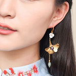 Style Asymmetrical Design Flower 14K Gold Jade Drop Earrings