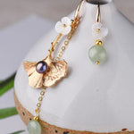 Style Asymmetrical Design Flower 14K Gold Jade Drop Earrings