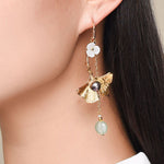 Style Asymmetrical Design Flower 14K Gold Jade Drop Earrings