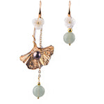 Style Asymmetrical Design Flower 14K Gold Jade Drop Earrings