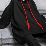 Style Black hooded Pockets Drawstring Fall Loose Sweatshirts Top