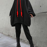 Style Black hooded Pockets Drawstring Fall Loose Sweatshirts Top