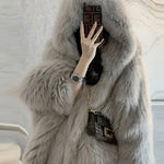 Style Light Grey Hooded Patchwork Fuzzy Fur Fluffy Jacket Winter
