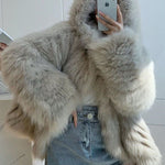 Style Light Grey Hooded Patchwork Fuzzy Fur Fluffy Jacket Winter