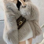 Style Light Grey Hooded Patchwork Fuzzy Fur Fluffy Jacket Winter